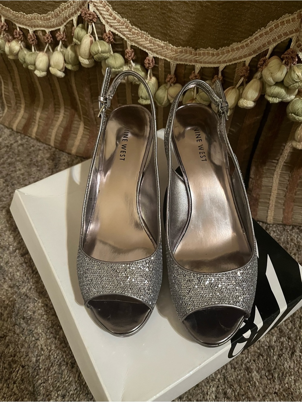 Nine West Silver Glitter Slingback Peep Toe Heels